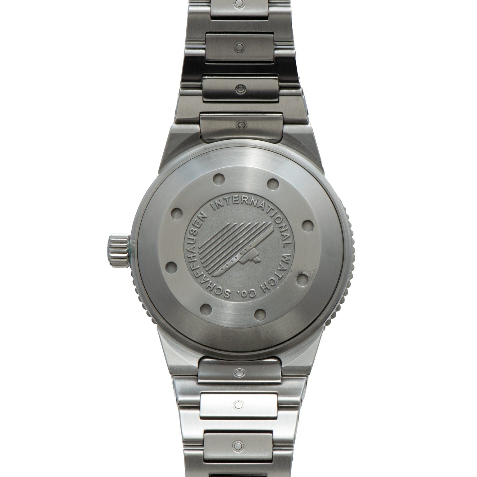 Back view of the IWC Schaffhausen Aquatimer GST 2000, featuring a stainless steel case with engravings and a brushed metal bracelet.