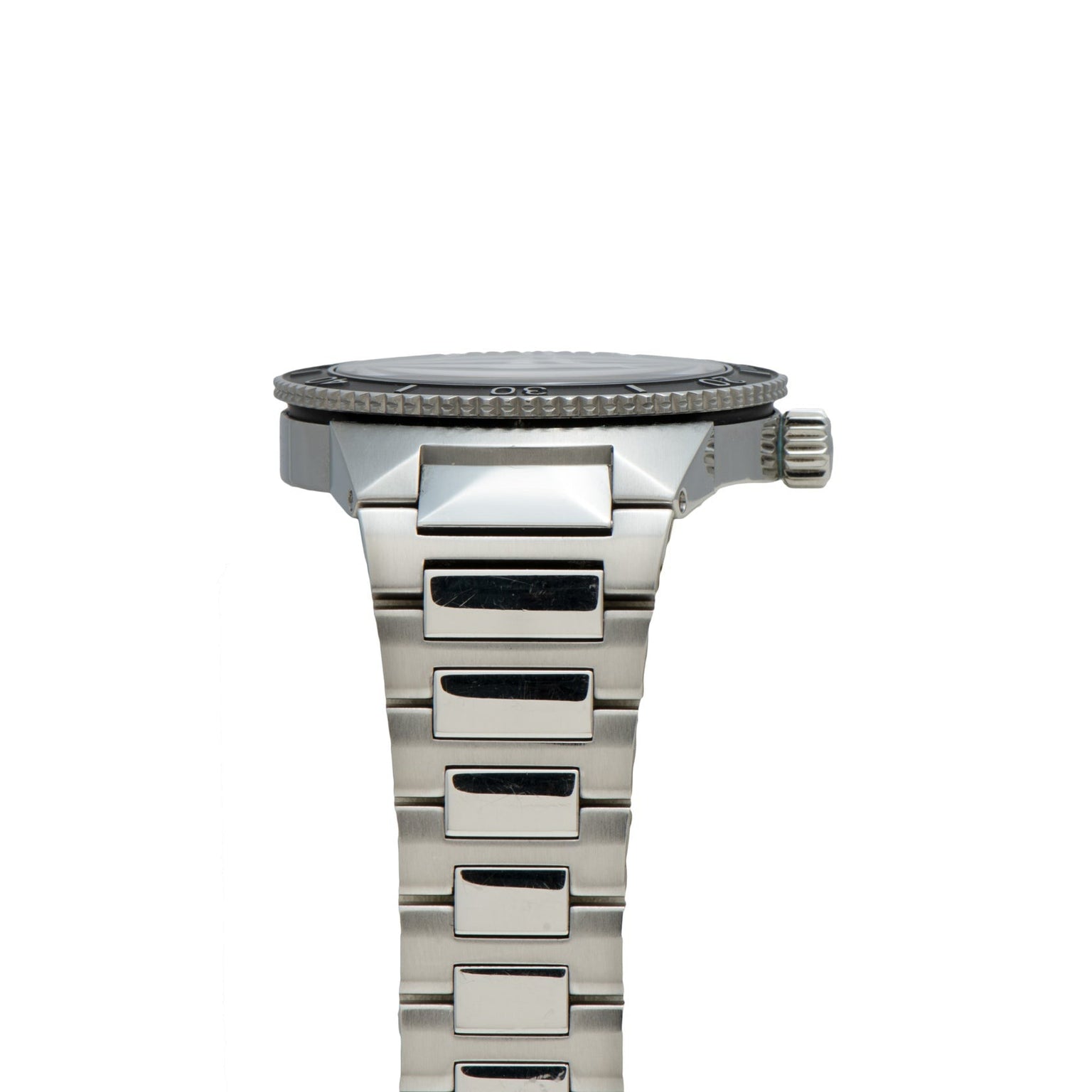 Side view of the IWC Schaffhausen Aquatimer GST 2000, featuring a silver metal case, ridged bezel, and chunky linked bracelet.