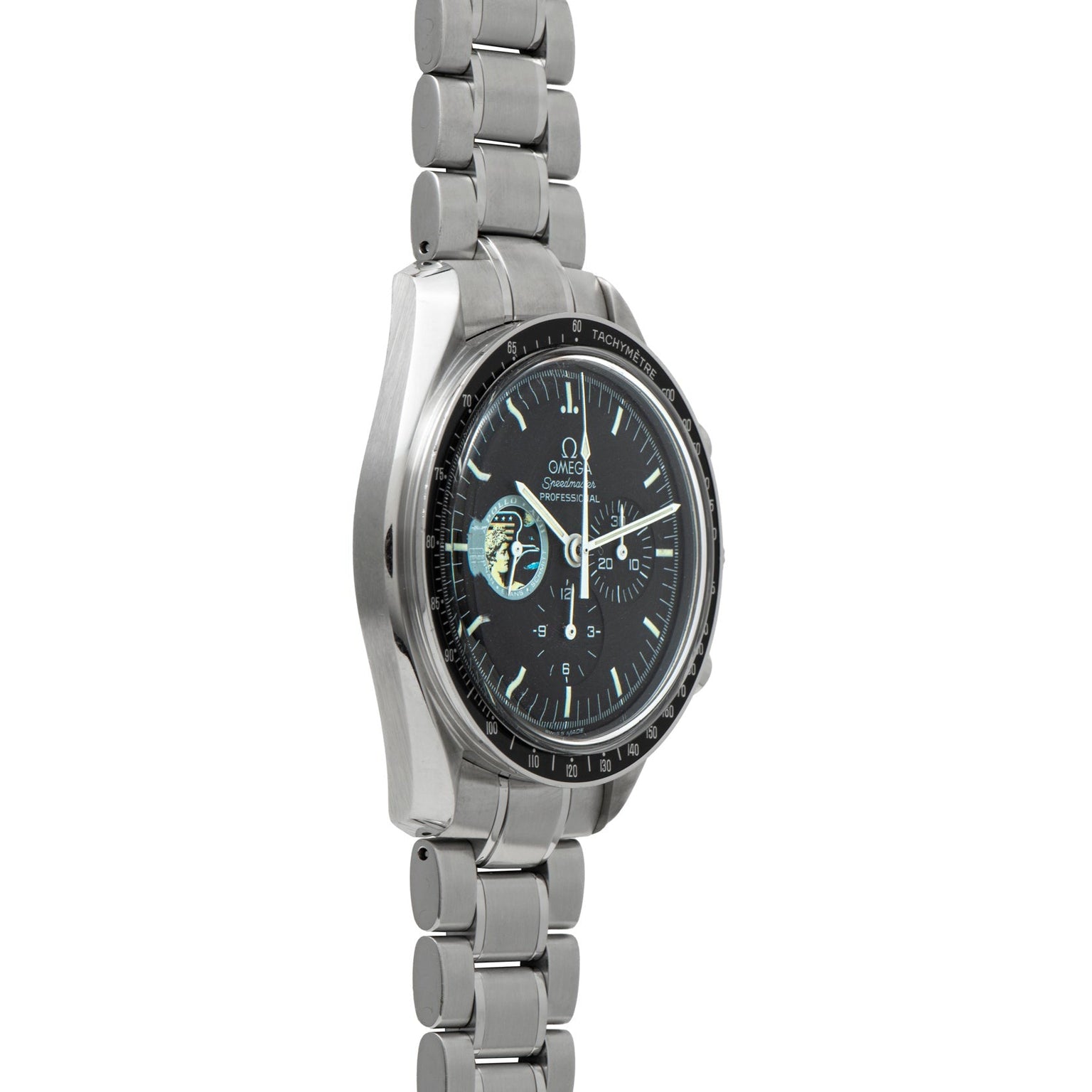 Profile view of an OMEGA Speedmaster Professional Missions Apollo XVII stainless steel wristwatch, featuring a black dial and metal bracelet.