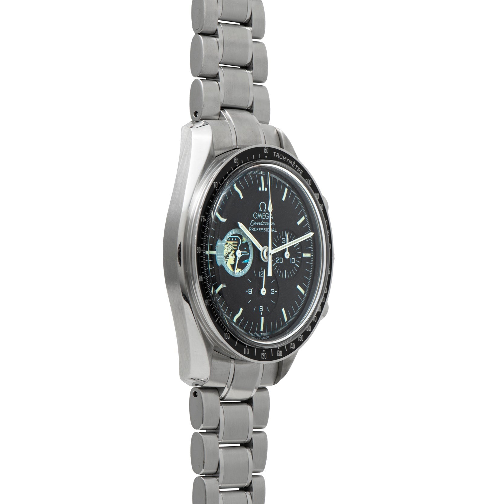 Profile view of an OMEGA Speedmaster Professional Missions Apollo XVII stainless steel wristwatch, featuring a black dial and metal bracelet.