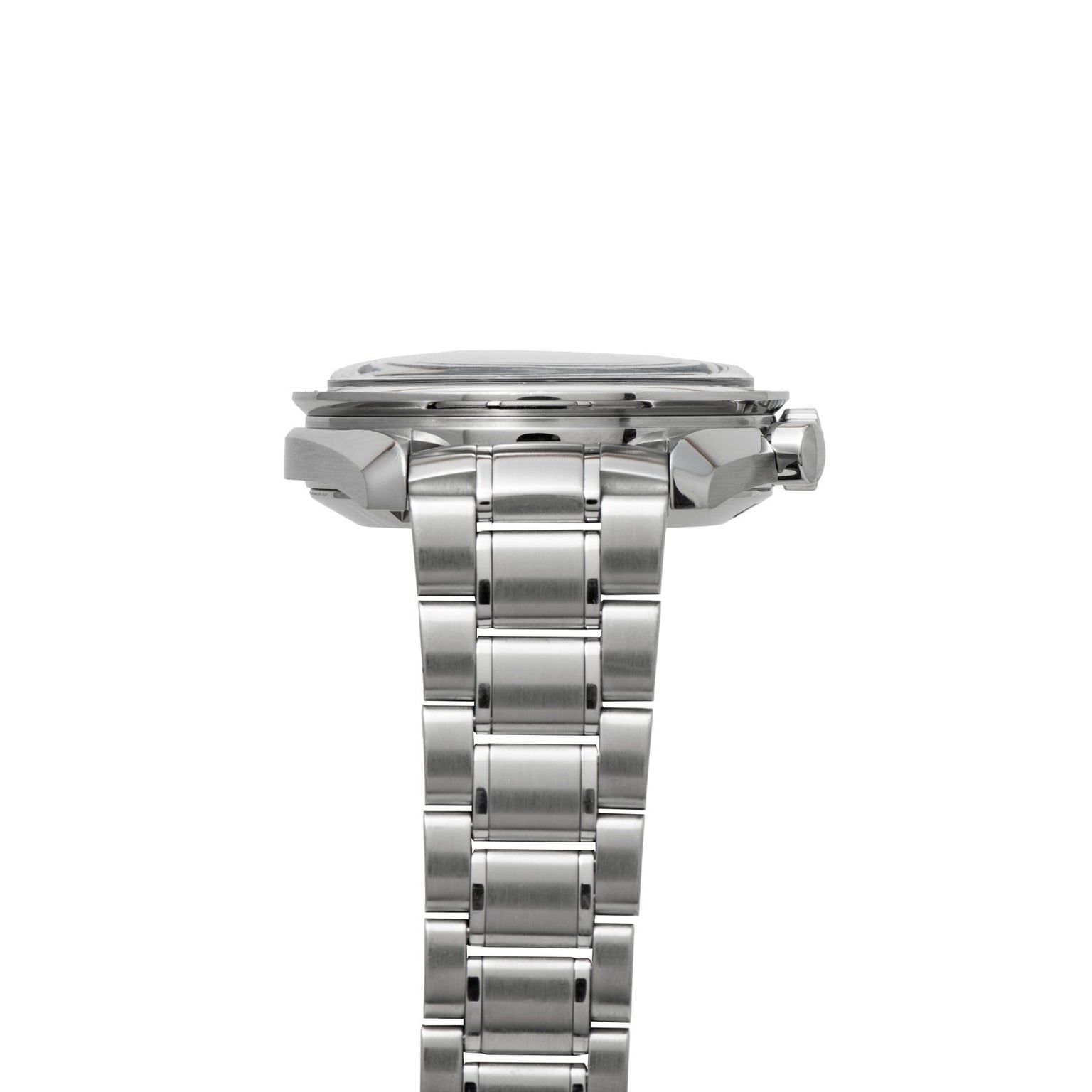 Side view of the OMEGA Speedmaster Professional Missions Apollo XVII, featuring a silver metal link bracelet, visible crown, and pushers.