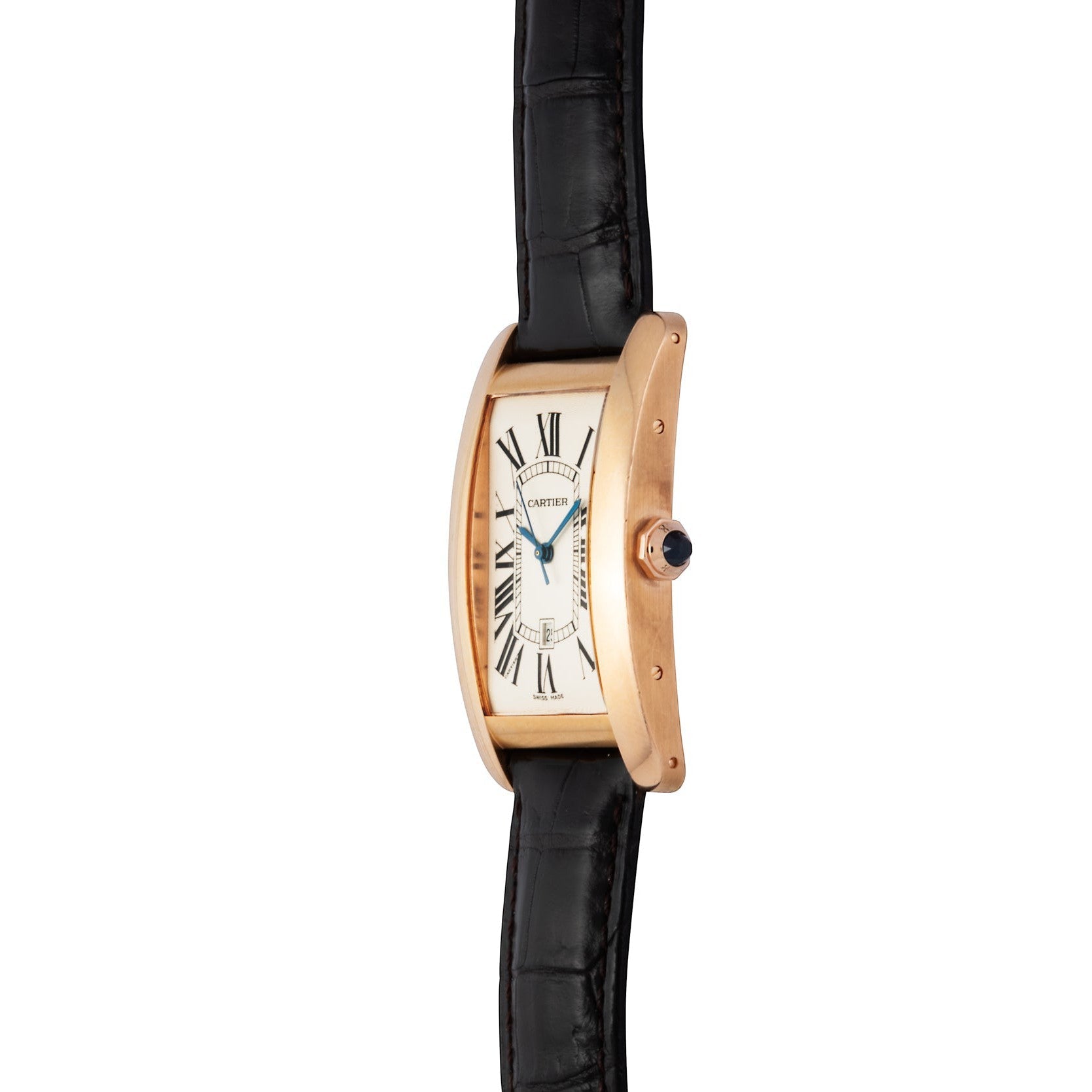 Cartier Tank Americaine gold wristwatch with a rectangular face, Roman numerals, and a black leather strap shown in side view.