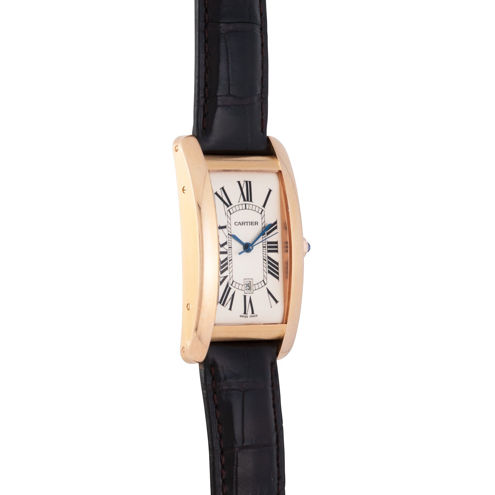 Cartier Tank Americaine gold wristwatch with a rectangular face, Roman numerals, and a black leather strap.