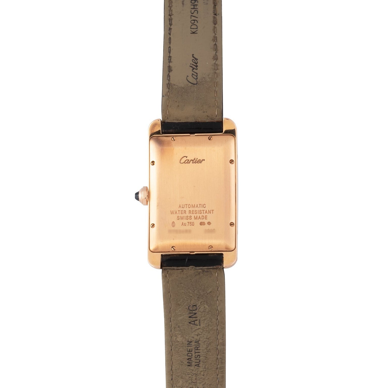 Back view of the Cartier Tank Americaine wristwatch featuring a tan leather strap and visible engravings on the case back.