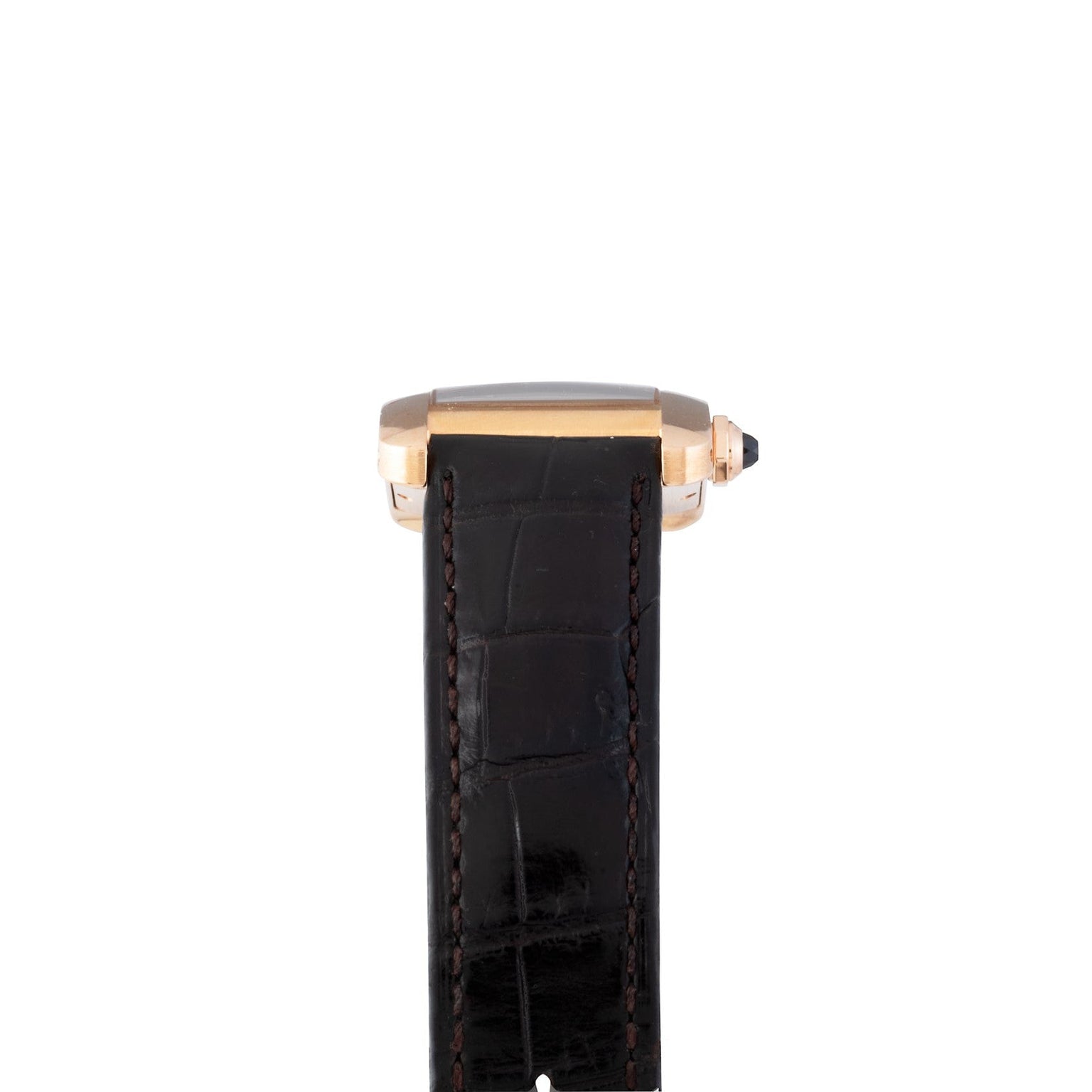 Side view of the Cartier Tank Americaine wristwatch with a black leather strap and gold-tone case against a white background.
