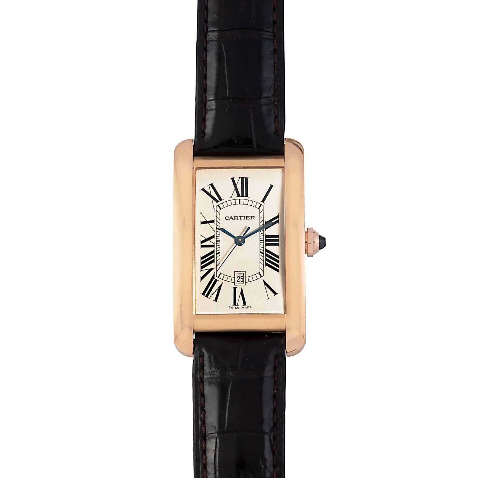 Cartier Tank Americaine watch featuring a rectangular case, white dial, black Roman numerals, and black leather strap.