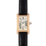 Cartier Tank Americaine watch featuring a rectangular case, white dial, black Roman numerals, and black leather strap.