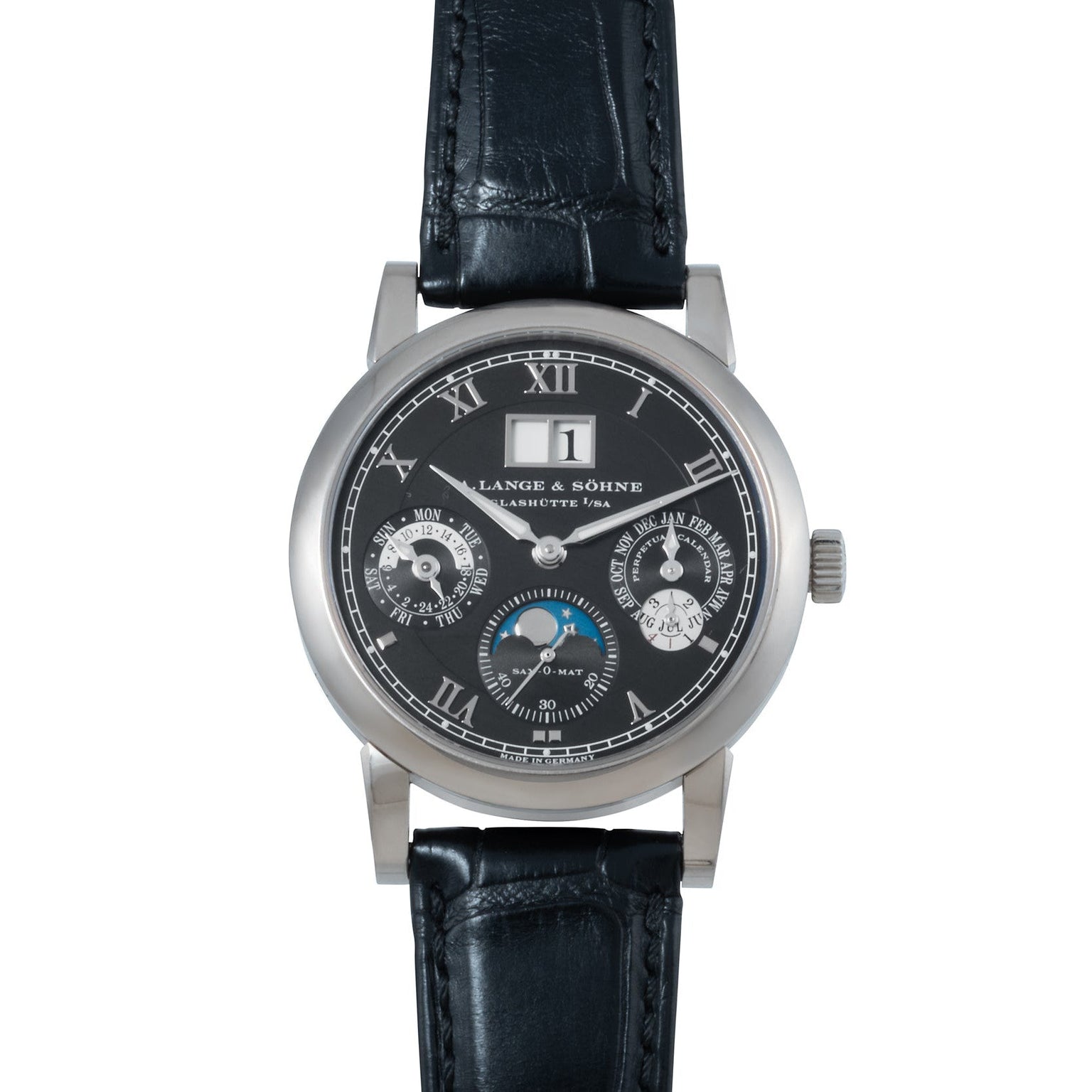 The Lange & Sohne Langematik Perpetual Calendar is a luxury wristwatch featuring a black leather strap and multiple subdials on a black dial.