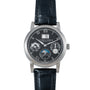 The Lange & Sohne Langematik Perpetual Calendar is a luxury wristwatch featuring a black leather strap and multiple subdials on a black dial.