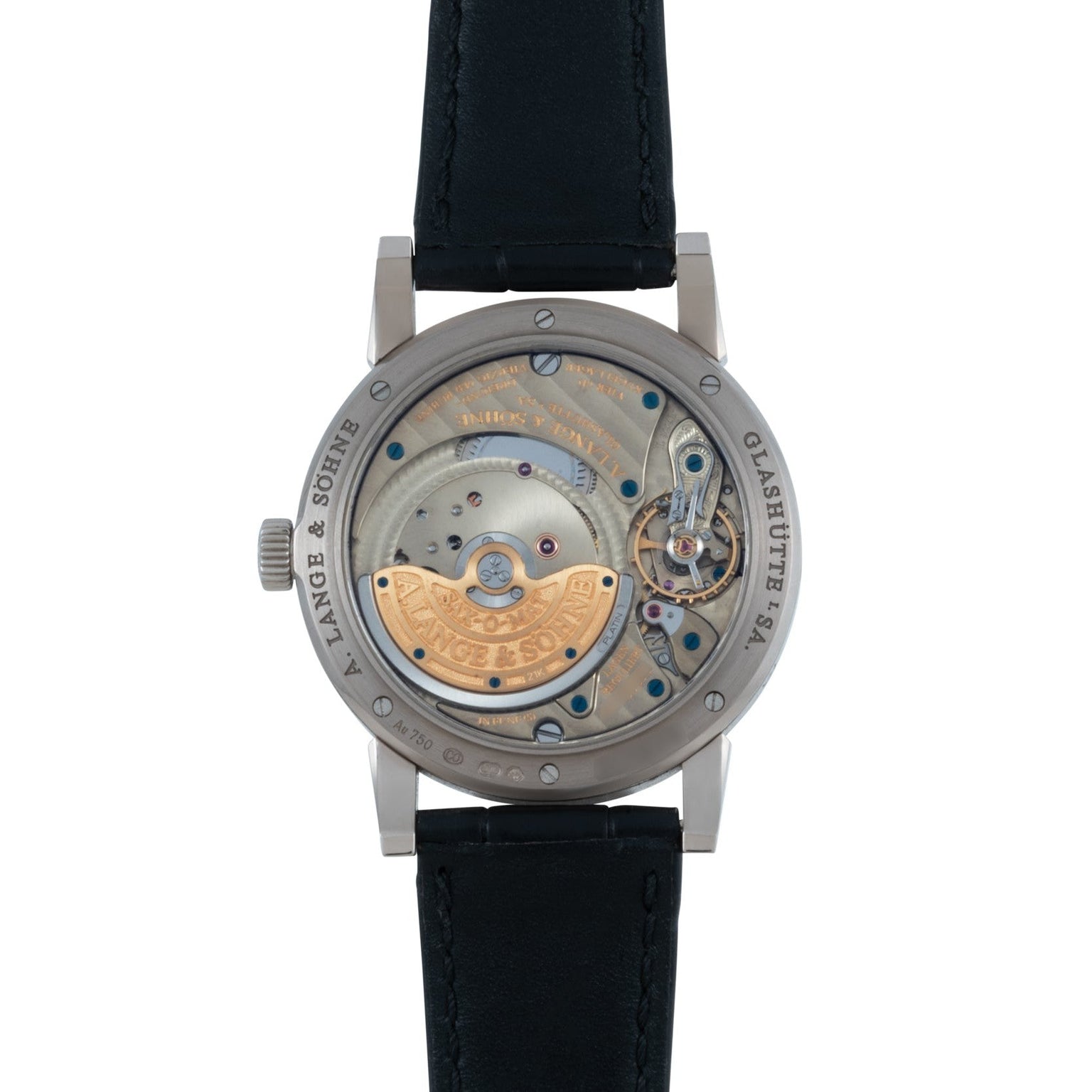 Back view of the Lange & Sohne Langematik Perpetual Calendar reveals exposed gears and intricate mechanical movement, paired with a black leather strap.