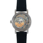 Back view of the Lange & Sohne Langematik Perpetual Calendar reveals exposed gears and intricate mechanical movement, paired with a black leather strap.