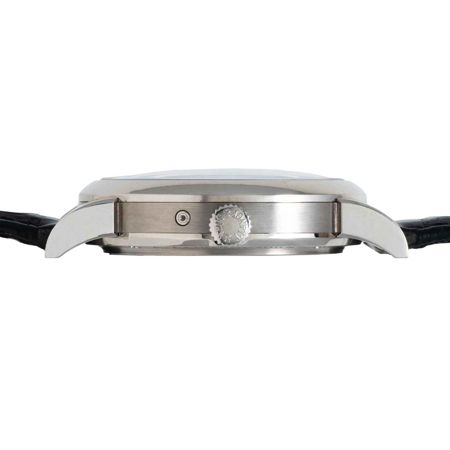 Side view of the Lange & Sohne Langematik Perpetual Calendar, a silver wristwatch featuring a black leather strap and textured crown.