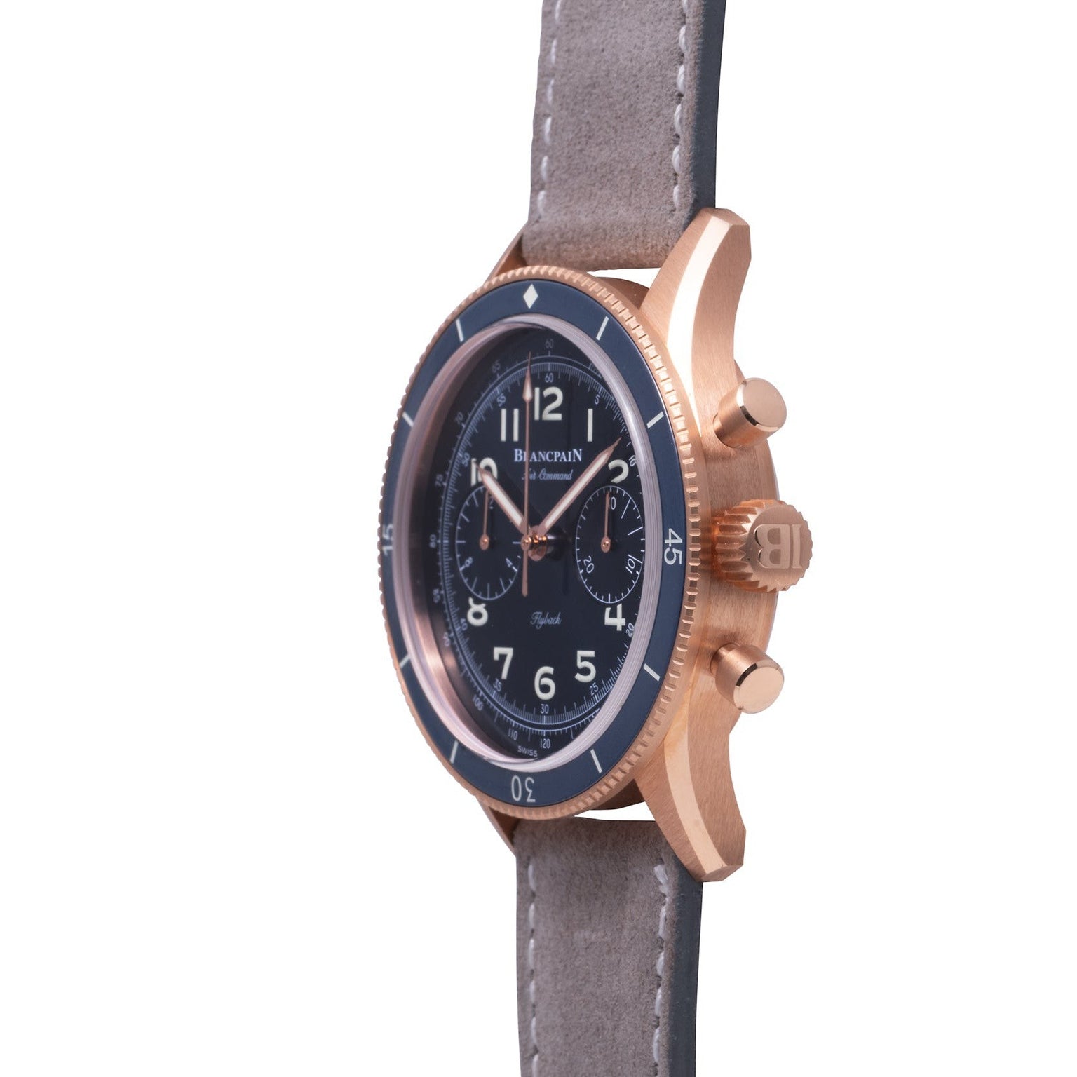 Blancpain Air Command Flyback Chronograph in rose gold with a blue dial, two subdials, and a gray suede strap, shown from the side.