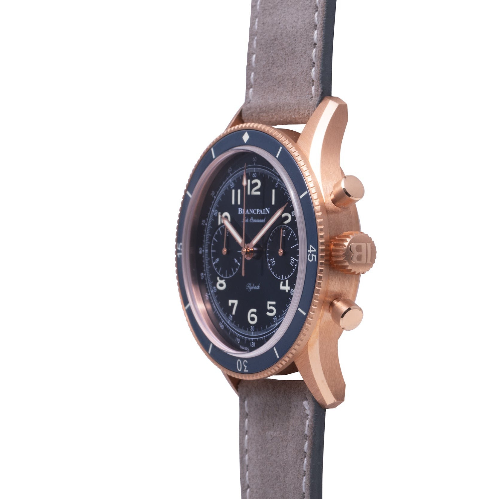 Blancpain Air Command Flyback Chronograph in rose gold with a blue dial, two subdials, and a gray suede strap, shown from the side.