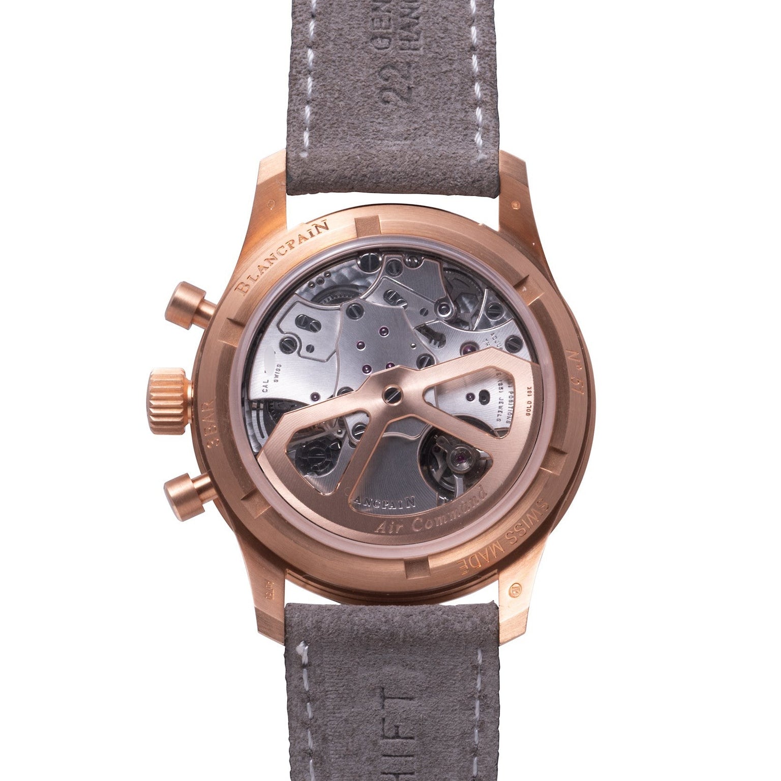Back view of the Blancpain Air Command Flyback Chronograph, featuring visible inner mechanical parts and a gray leather strap.