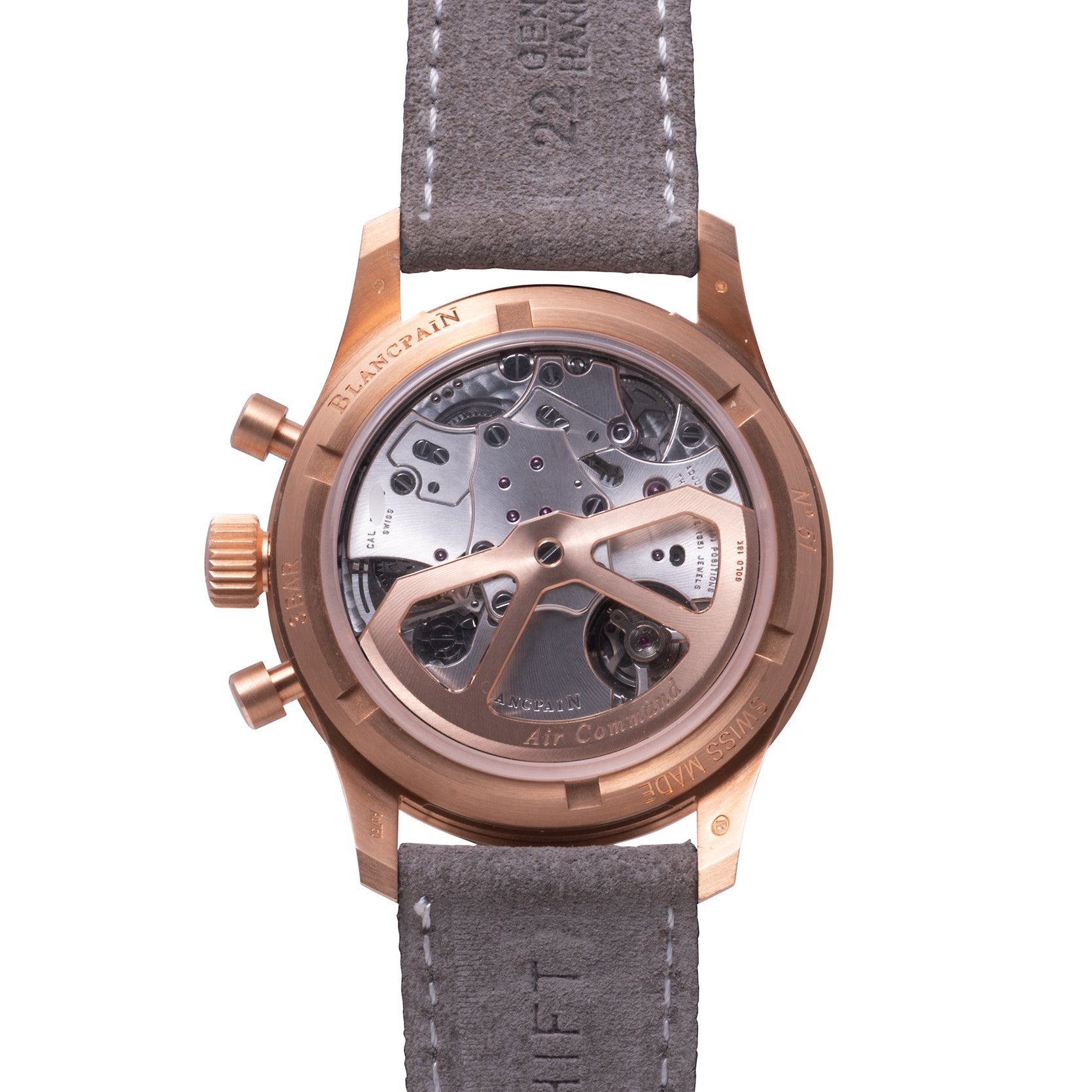 Back view of the Blancpain Air Command Flyback Chronograph, featuring visible inner mechanical parts and a gray leather strap.
