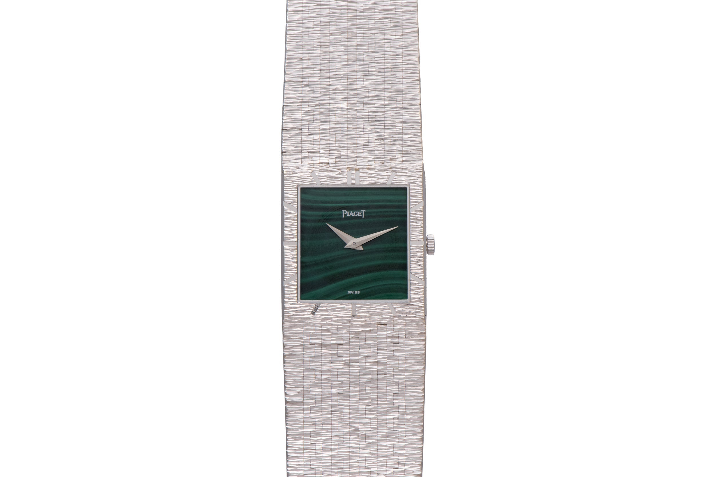 Rectangular Piaget White Gold Malachite Dress Watch featuring a textured band and green face with two silver hands.