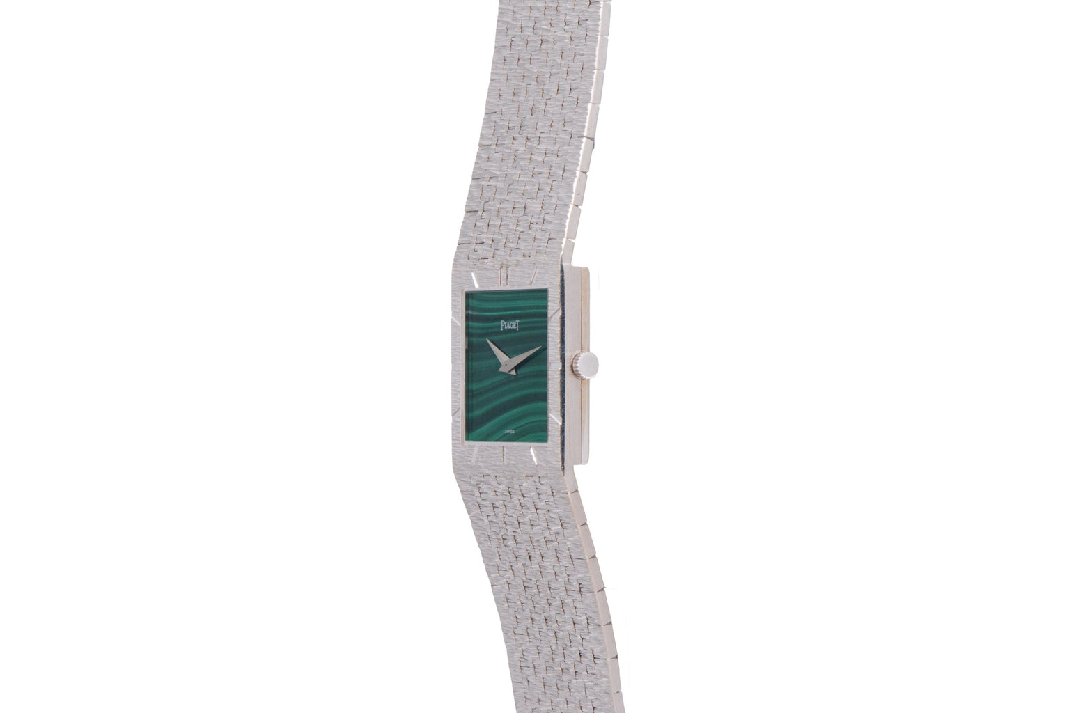 The Piaget White Gold Malachite Dress Watch features a slim, rectangular green face and a textured metal band, displayed against a white background.