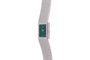The Piaget White Gold Malachite Dress Watch features a slim, rectangular green face and a textured metal band, displayed against a white background.
