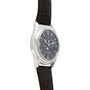 The Patek Philippe Annual Calendar Moonphase wristwatch features a black dial and brown leather strap, elegantly displayed at an angle.