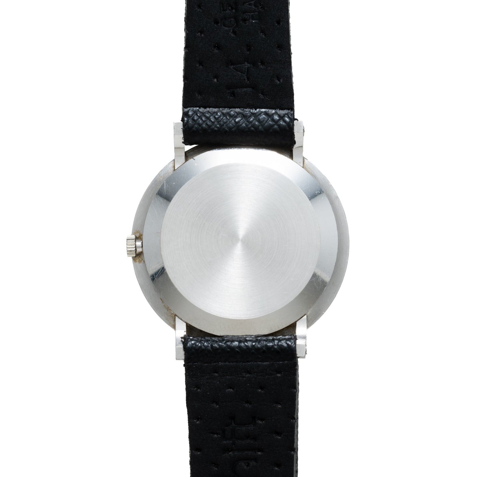 The Piaget Ladies Lapis Lazuli Dress Watch features a plain stainless steel back and a black leather strap, shown from the back.