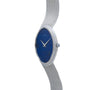 Side view of the Cartier White Gold Lapis watch featuring a silver mesh band, blue lapis face, and no hour markers.