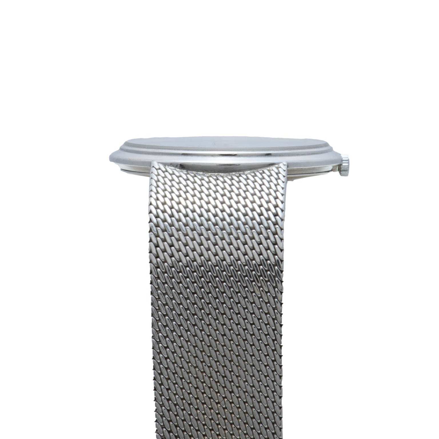 Side view of the Cartier White Gold Lapis watch, featuring a silver mesh band attached to a thin, round case, displayed on a white background.