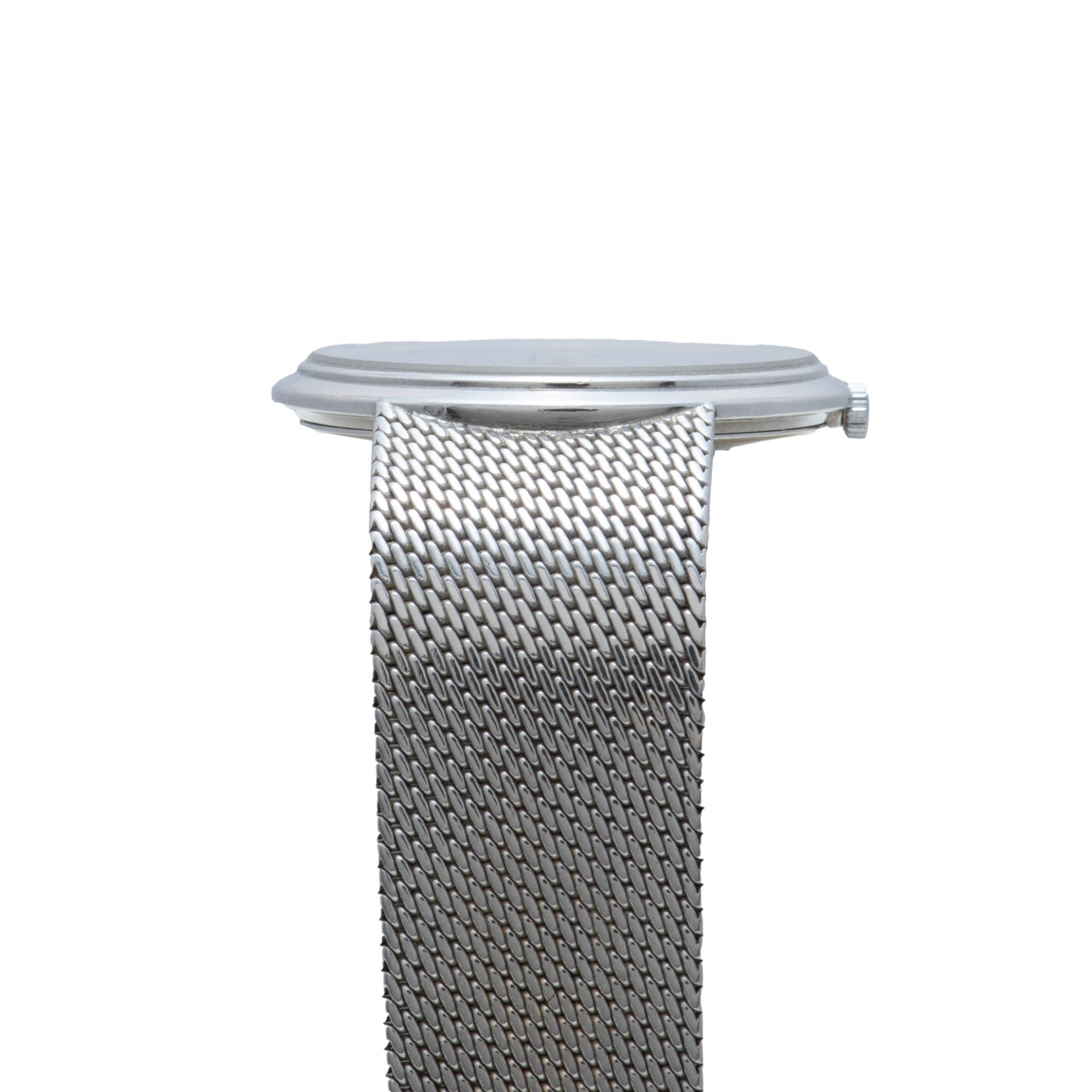 Side view of the Cartier White Gold Lapis watch, featuring a silver mesh band attached to a thin, round case, displayed on a white background.