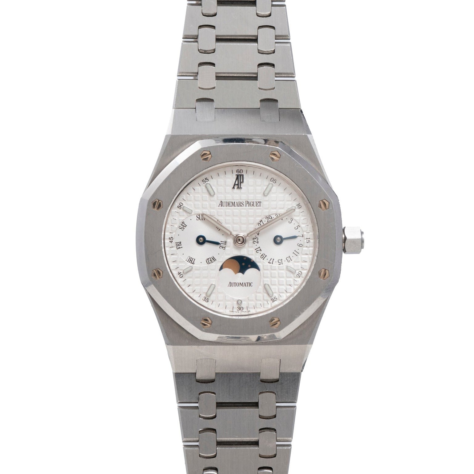 The Audemars Piguet Royal Oak Day-Date Moonphase features a stainless steel case, a white textured dial, and a moon phase display.