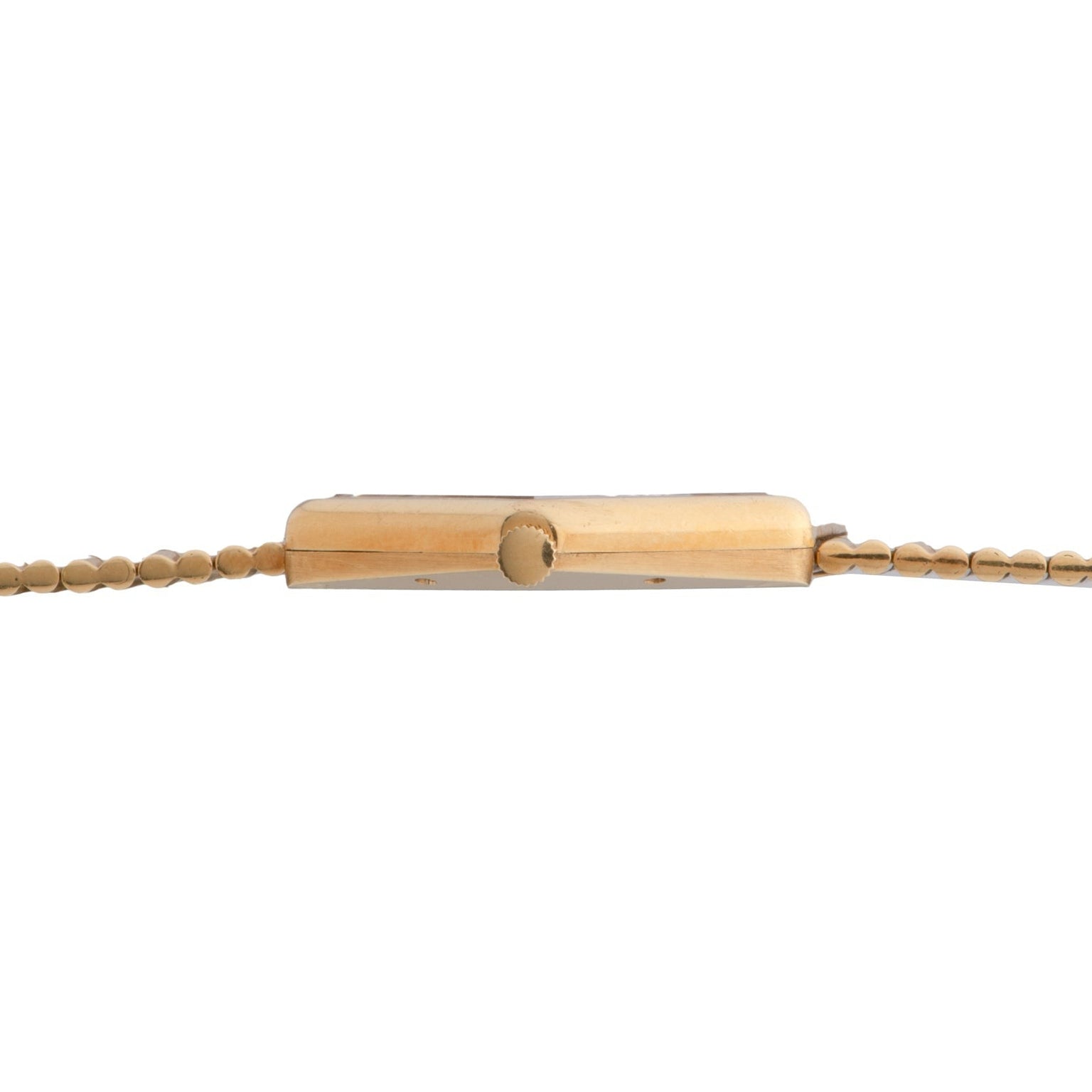 Side view of Piagets Hexagonal Tigers Eye gold wristwatch featuring a round crown and a beaded bracelet.