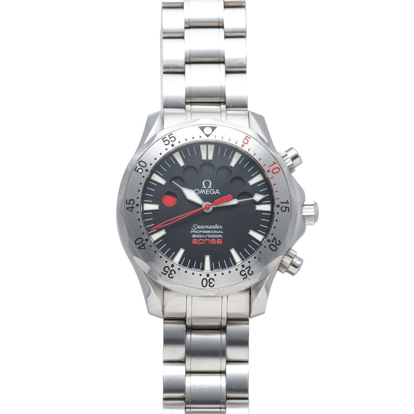 A silver OMEGA Seamaster 300 Professional Apnea Chronograph wristwatch featuring a black face, red accents, and a metal band.