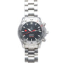 A silver OMEGA Seamaster 300 Professional Apnea Chronograph wristwatch featuring a black face, red accents, and a metal band.