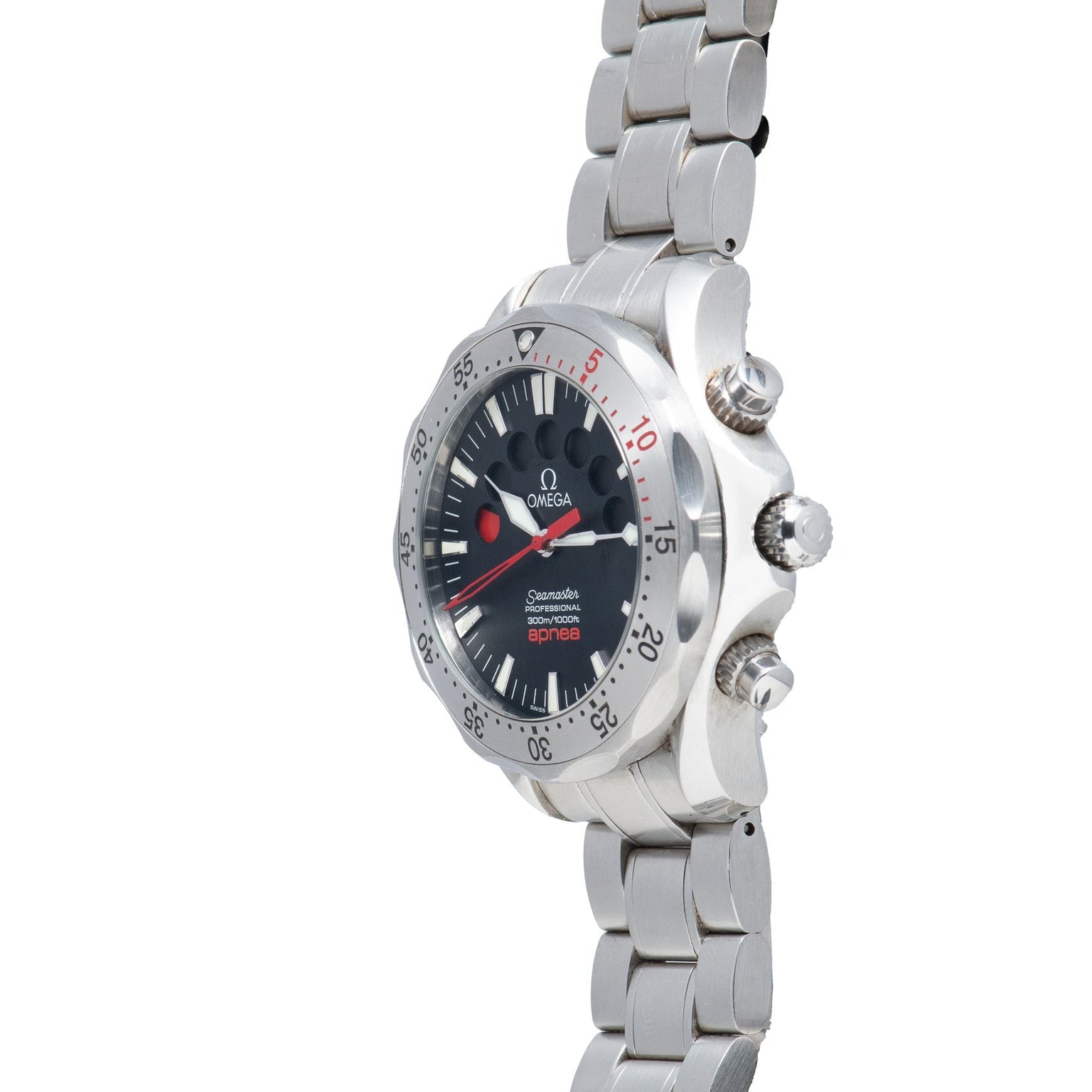 Side view of an OMEGA Seamaster 300 Professional Apnea Chronograph with a stainless steel band and black dial.