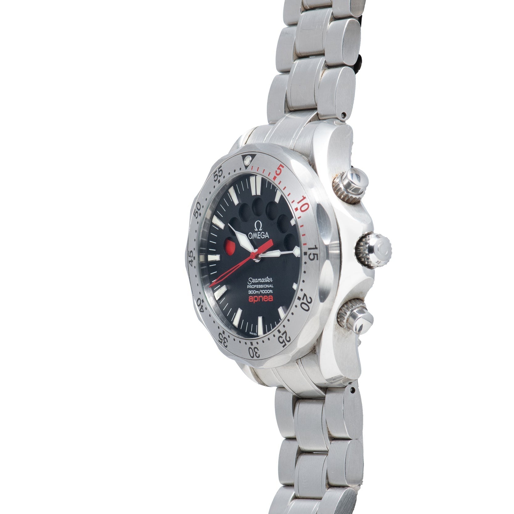 Side view of an OMEGA Seamaster 300 Professional Apnea Chronograph with a stainless steel band and black dial.