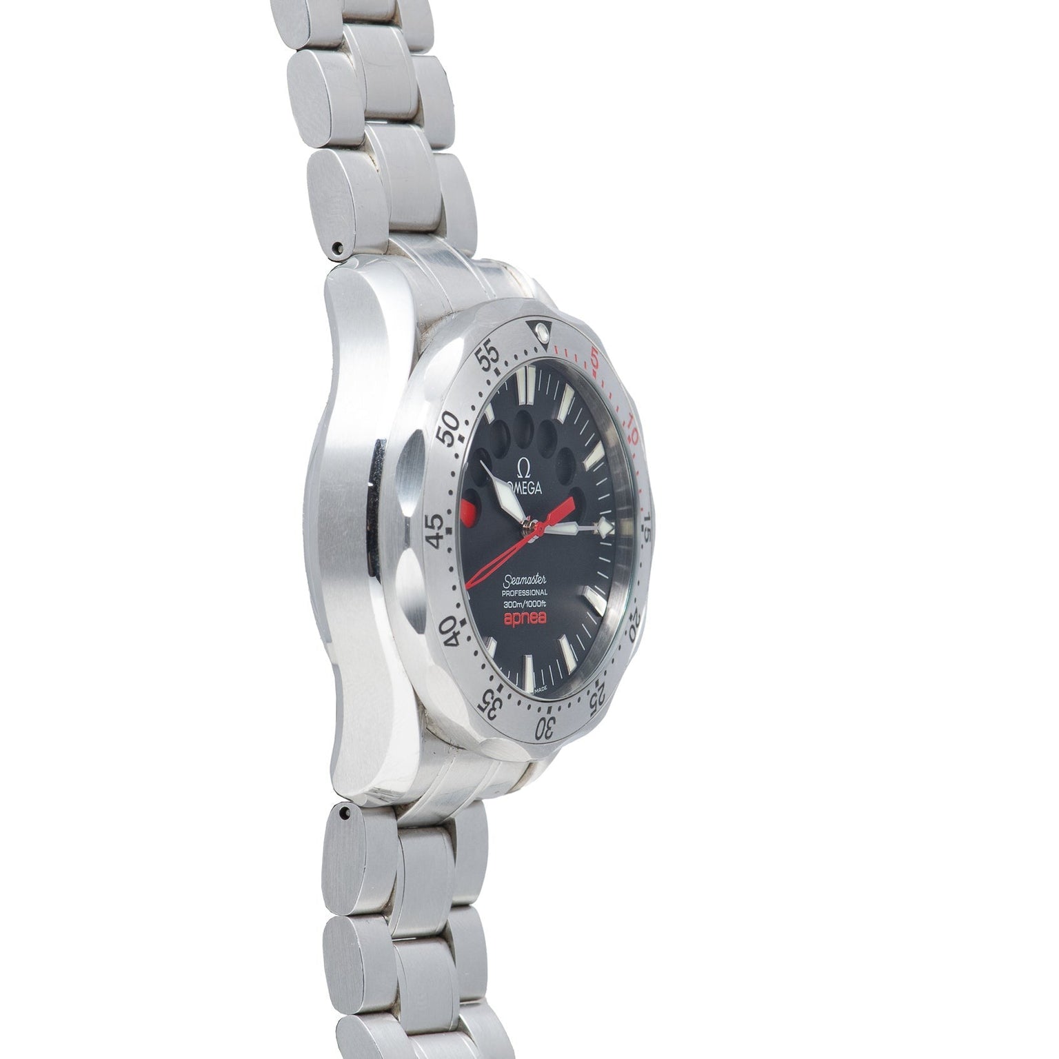 An OMEGA Seamaster 300 Professional Apnea Chronograph wristwatch, featuring a black dial and silver stainless steel link bracelet, is displayed from a side angle.