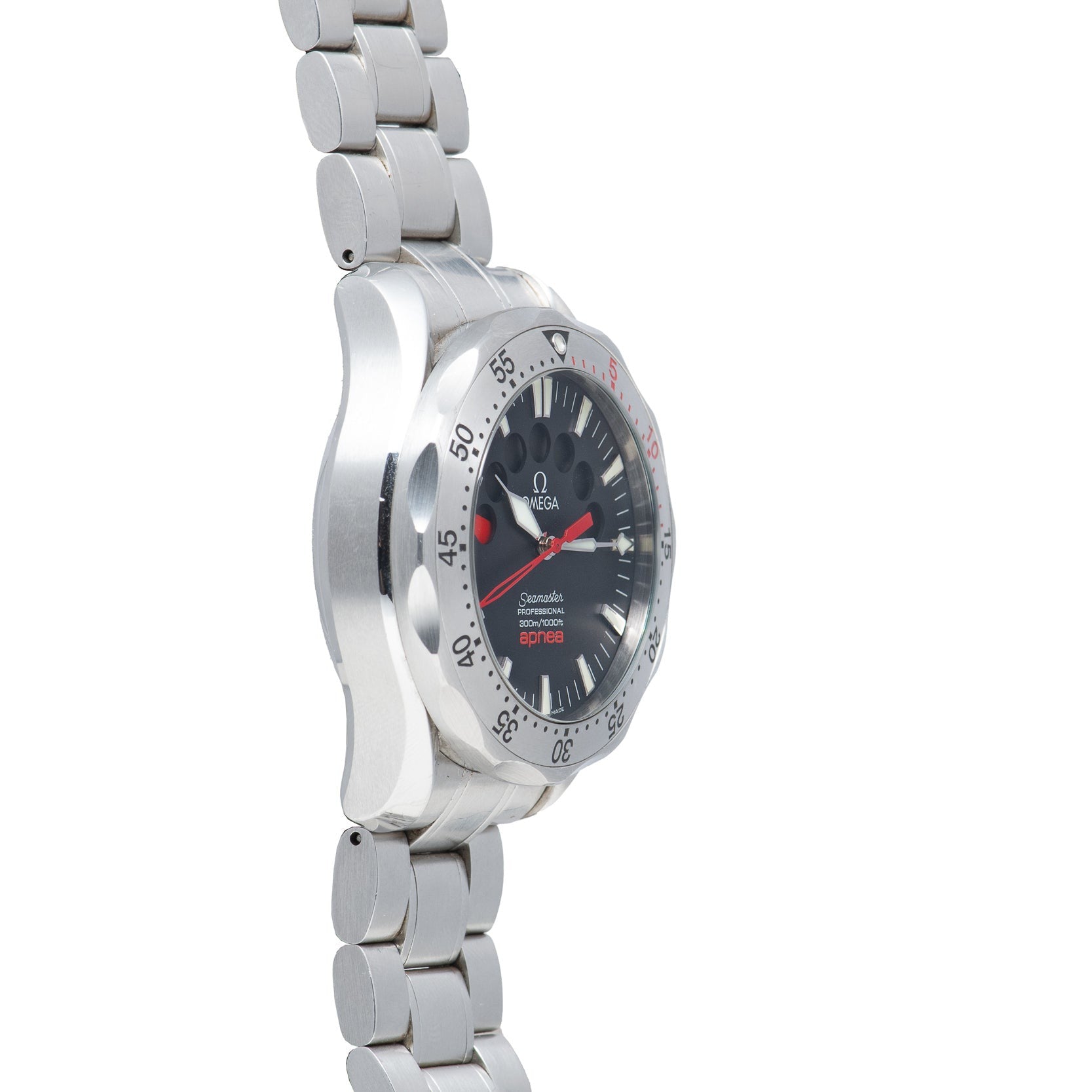 An OMEGA Seamaster 300 Professional Apnea Chronograph wristwatch, featuring a black dial and silver stainless steel link bracelet, is displayed from a side angle.