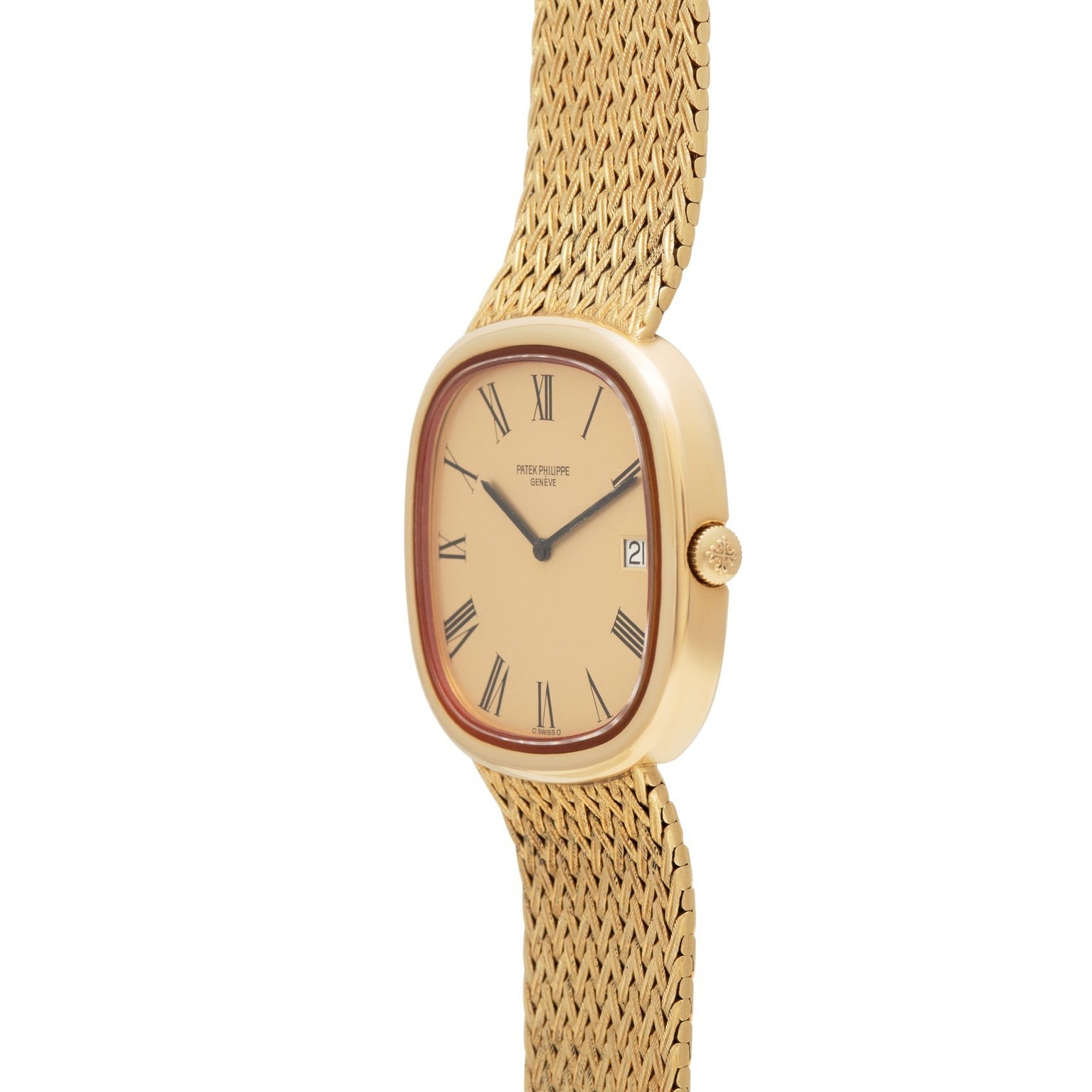 Patek Philippe Ellipse TV Case watch with a gold mesh band, rectangular face, Roman numerals, and date window.