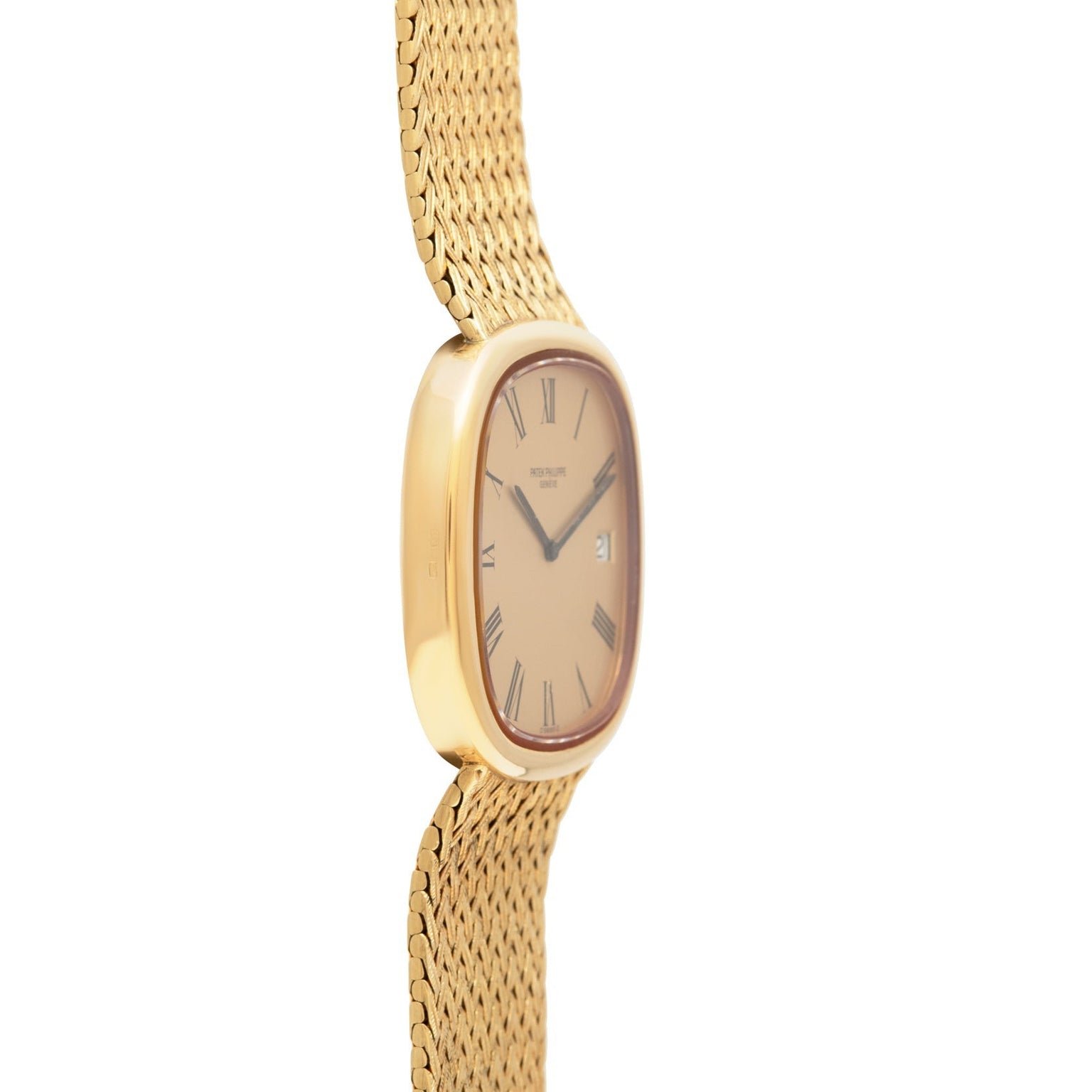 Side view of the Patek Philippe Ellipse TV Case, a gold wristwatch featuring a mesh band and a rounded rectangular face with Roman numerals.