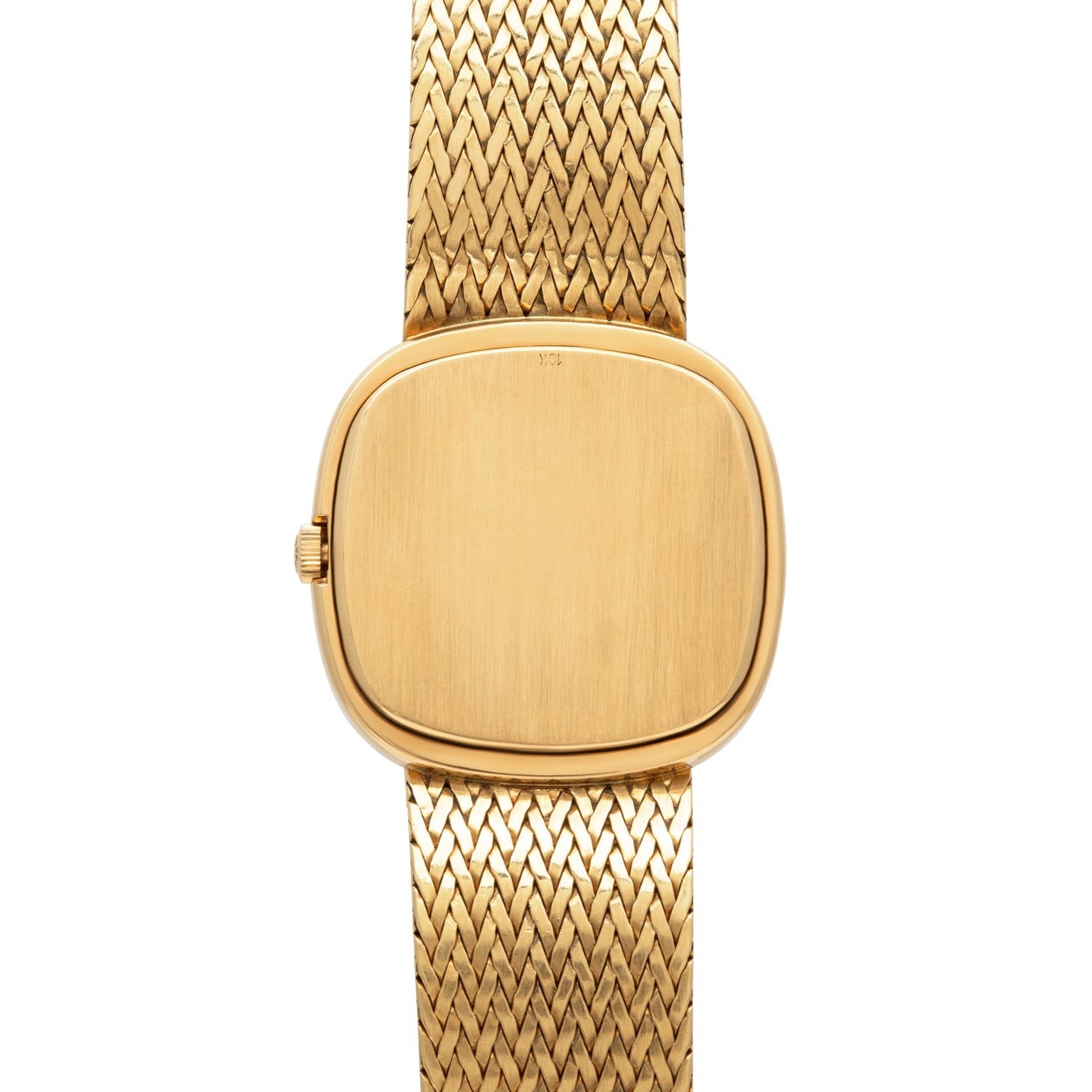 The Patek Philippe Ellipse TV Case is a gold wristwatch featuring a blank square face and a woven metal band.