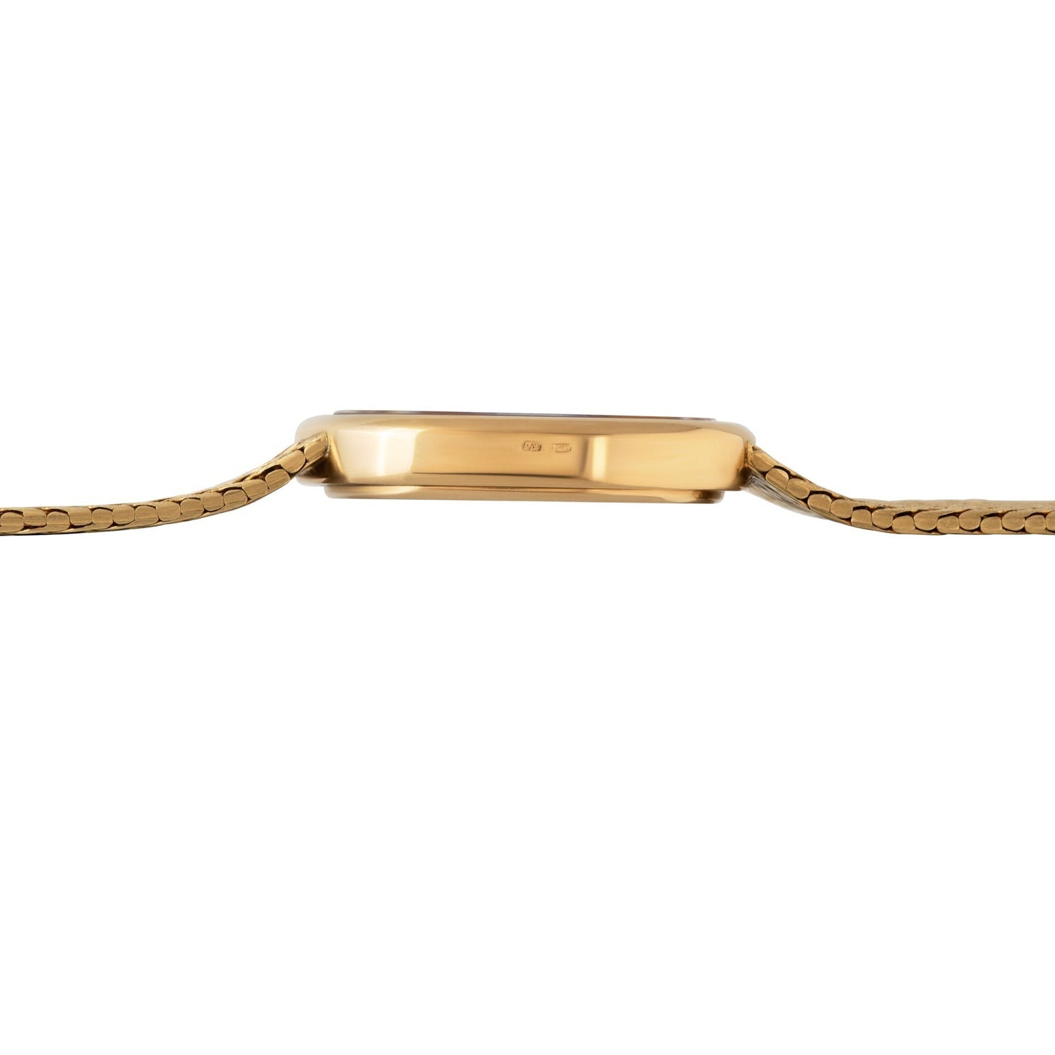 Side view of the Patek Philippe Ellipse TV Case, a thin gold wristwatch with a mesh band, highlighting the elegant watch case and band profile.