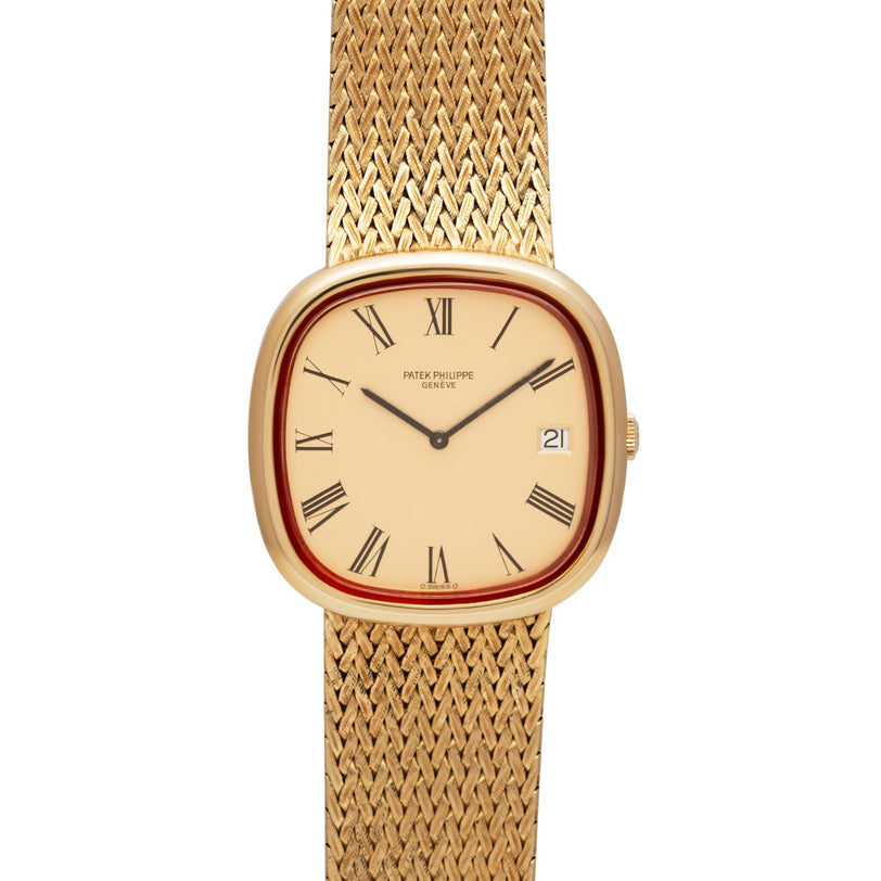 Patek Philippe Ellipse TV Case wristwatch featuring a woven band, Roman numerals, and a date display on a beige dial.