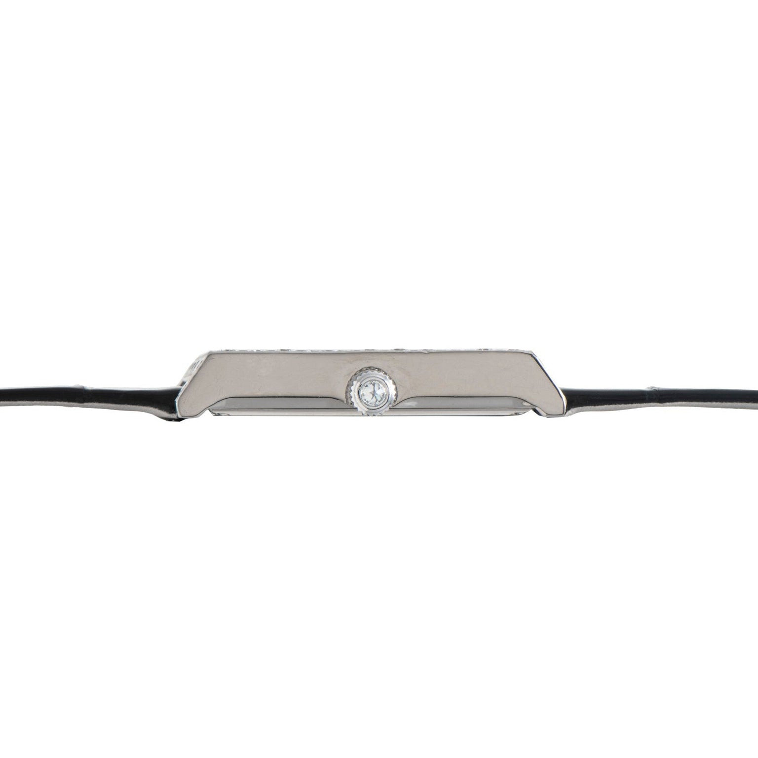 Side view of the Piaget Limelight Baguette Diamond Dress Watch with a slim silver case, crown, and black leather strap against a white background.