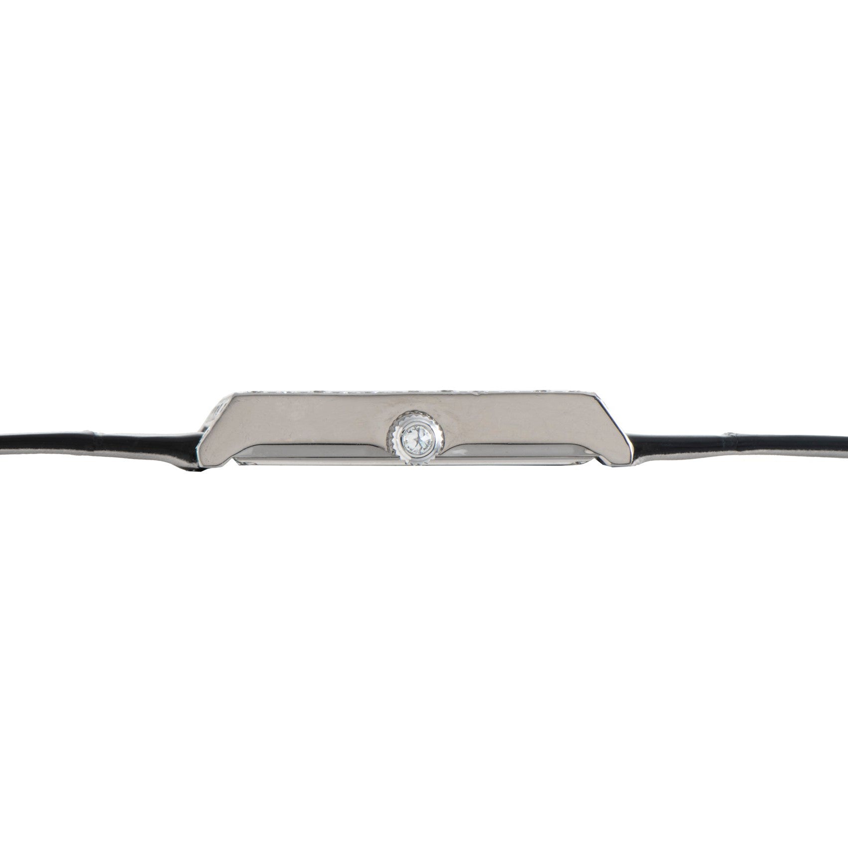 Side view of the Piaget Limelight Baguette Diamond Dress Watch with a slim silver case, crown, and black leather strap against a white background.