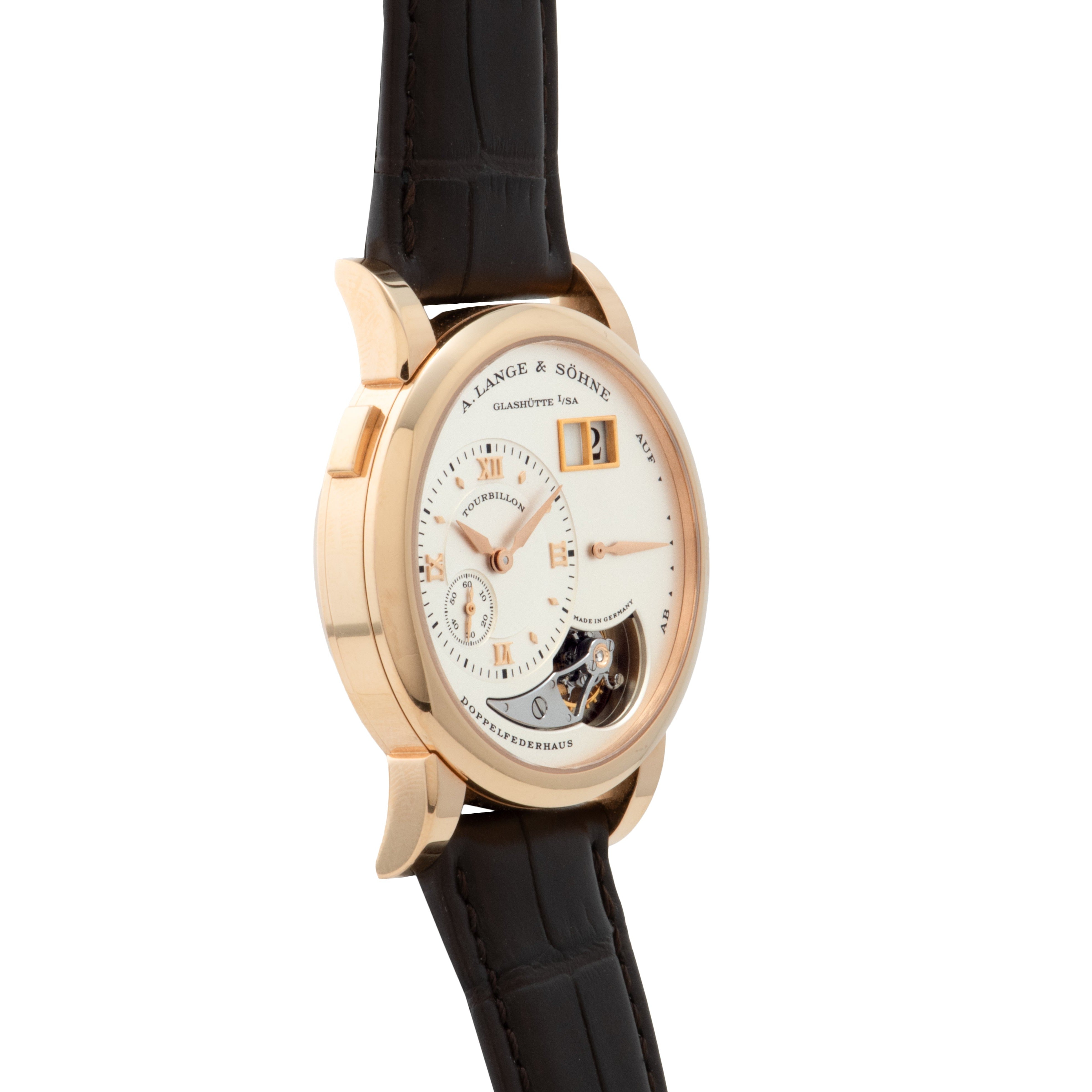 Lange & Söhne Lange 1 Tourbillon wristwatch with leather strap, white dial, and small date display.