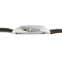 Side view of the Patek Philippe Gondolo Annual Calendar’s silver case with crown, attached to a brown leather strap.