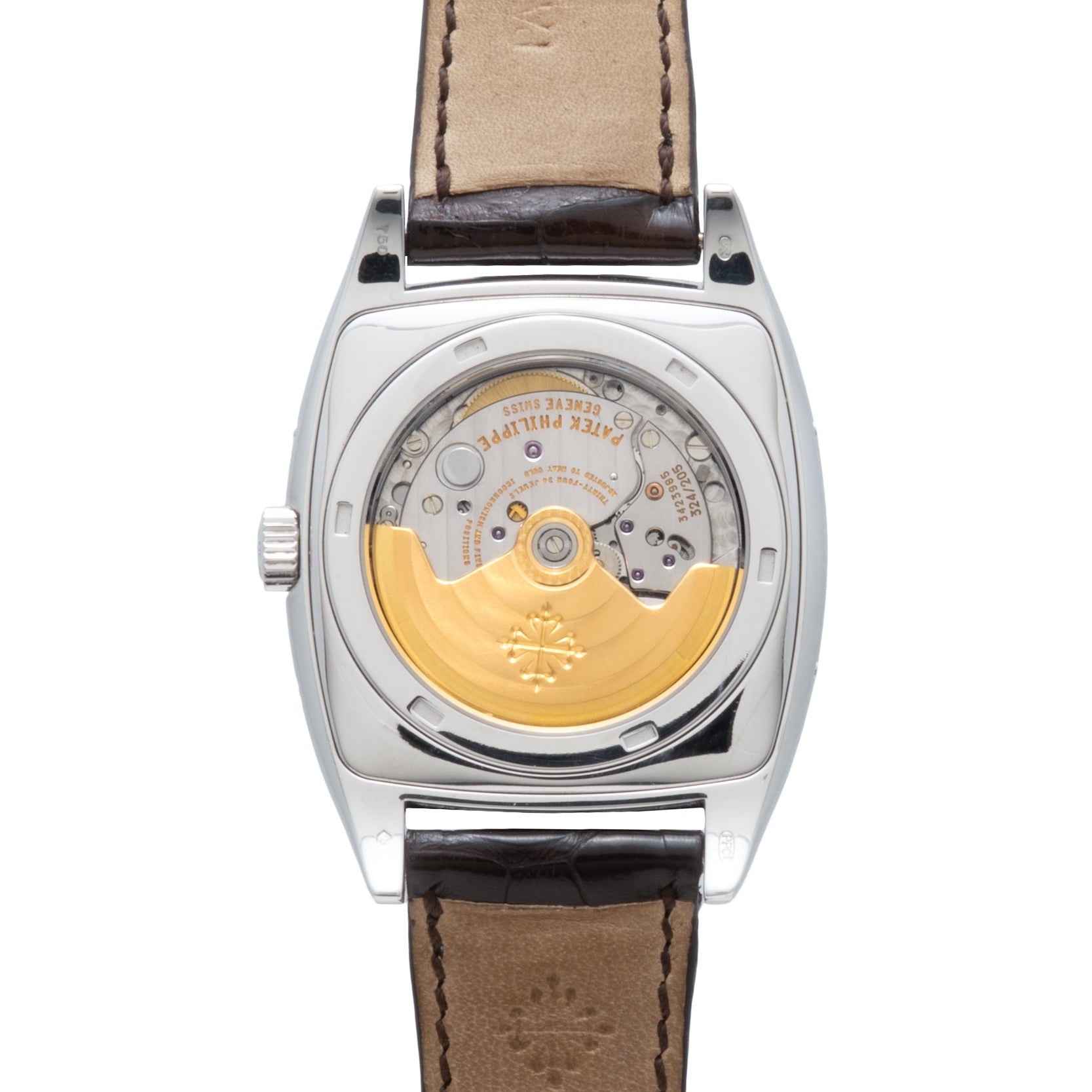 Back view of the Patek Philippe Gondolo Annual Calendar showcasing its intricate movement and gold rotor, paired with a brown leather strap.