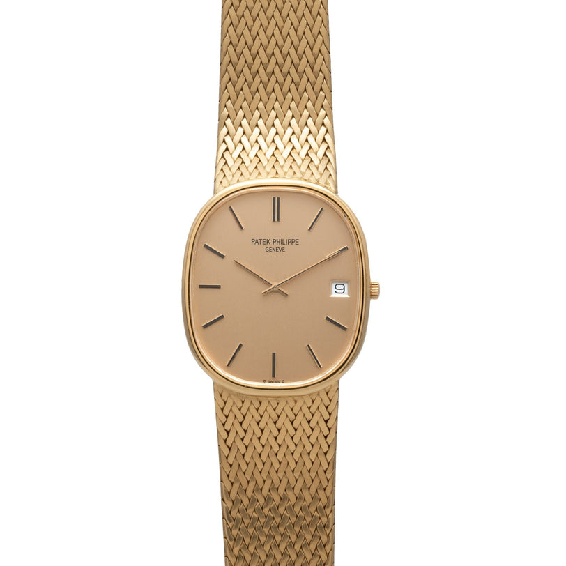 Patek Philippe Ellipse Jumbo wristwatch featuring a gold woven band, minimalist dial, and date display at 3 o’clock.