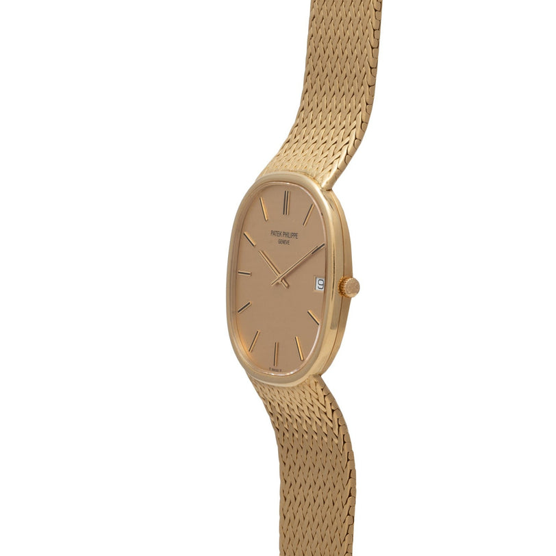 Patek Philippe Ellipse Jumbo gold wristwatch featuring a mesh band and a minimal, oval-shaped face, displayed from the side.