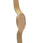 A gold Patek Philippe Ellipse Jumbo wristwatch with a woven band and minimalist oval face, shown from a side angle.