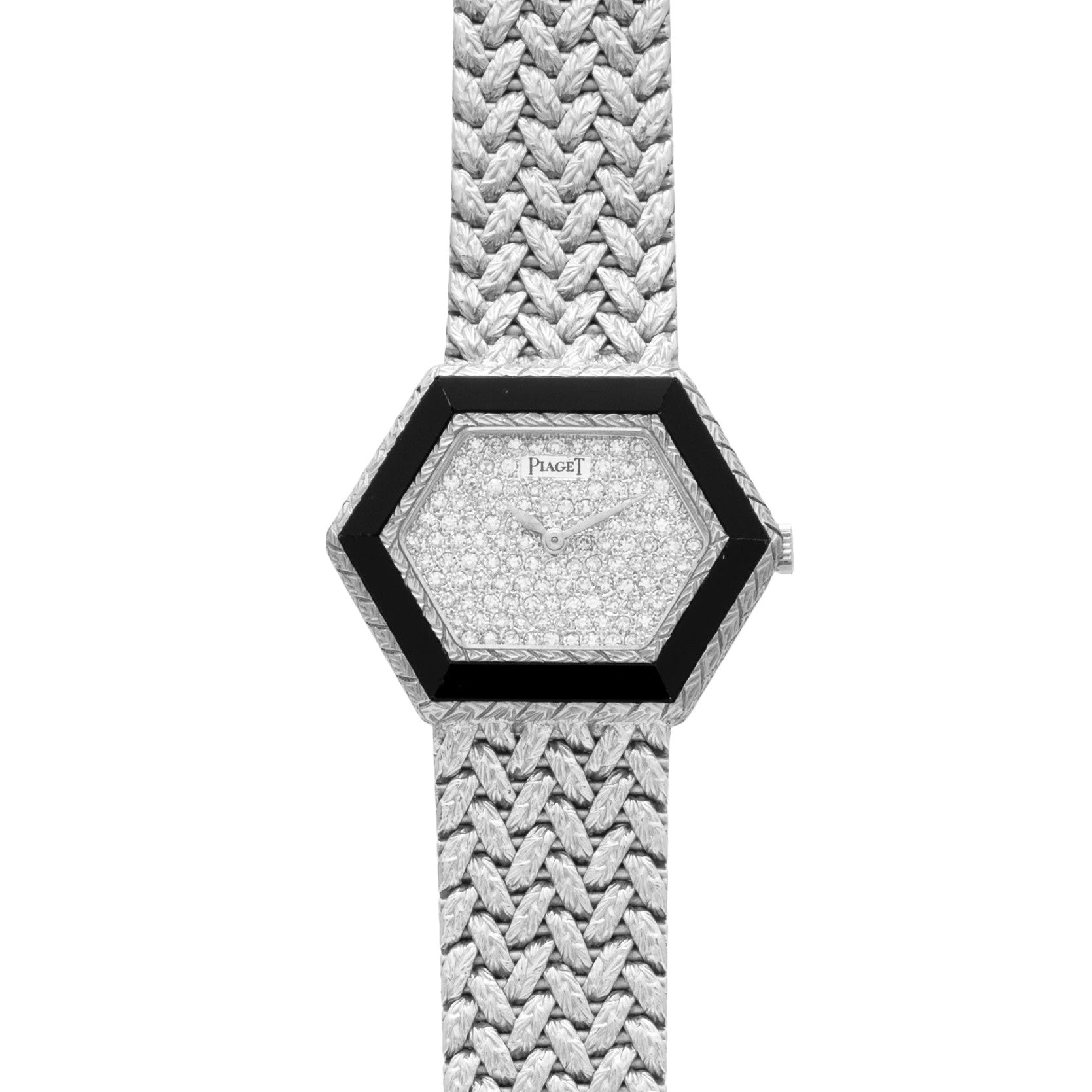 Piaget Hexagonal Diamond Dress Watch featuring a black bezel and woven metallic strap, shown in an overhead view.